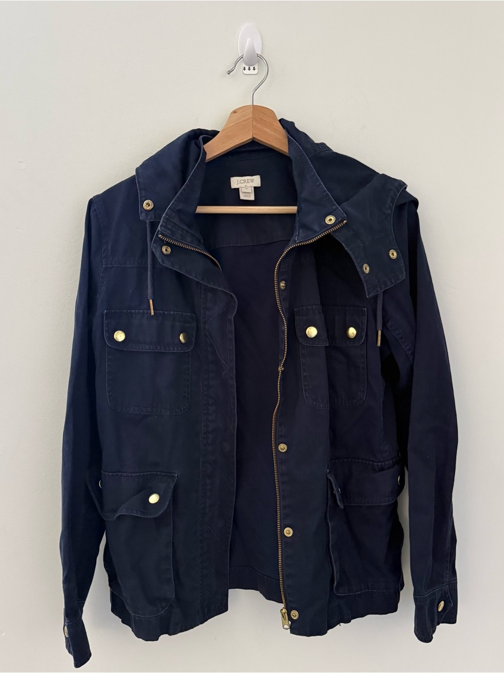 J. Crew Resin-Coated Twill Jacket with Hood Navy M Field Jacket Navy Hoooded